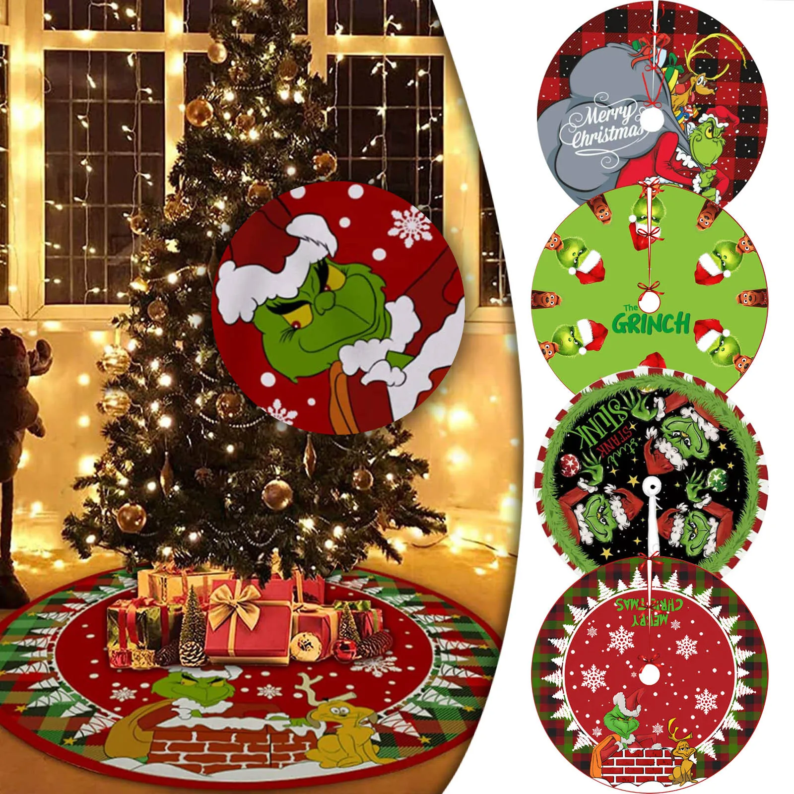 Christmas Tree Skirt Red & Green Merry Christmas Tree Skirt Collar Soft Xmas Holiday Decoration Gift Party Favors