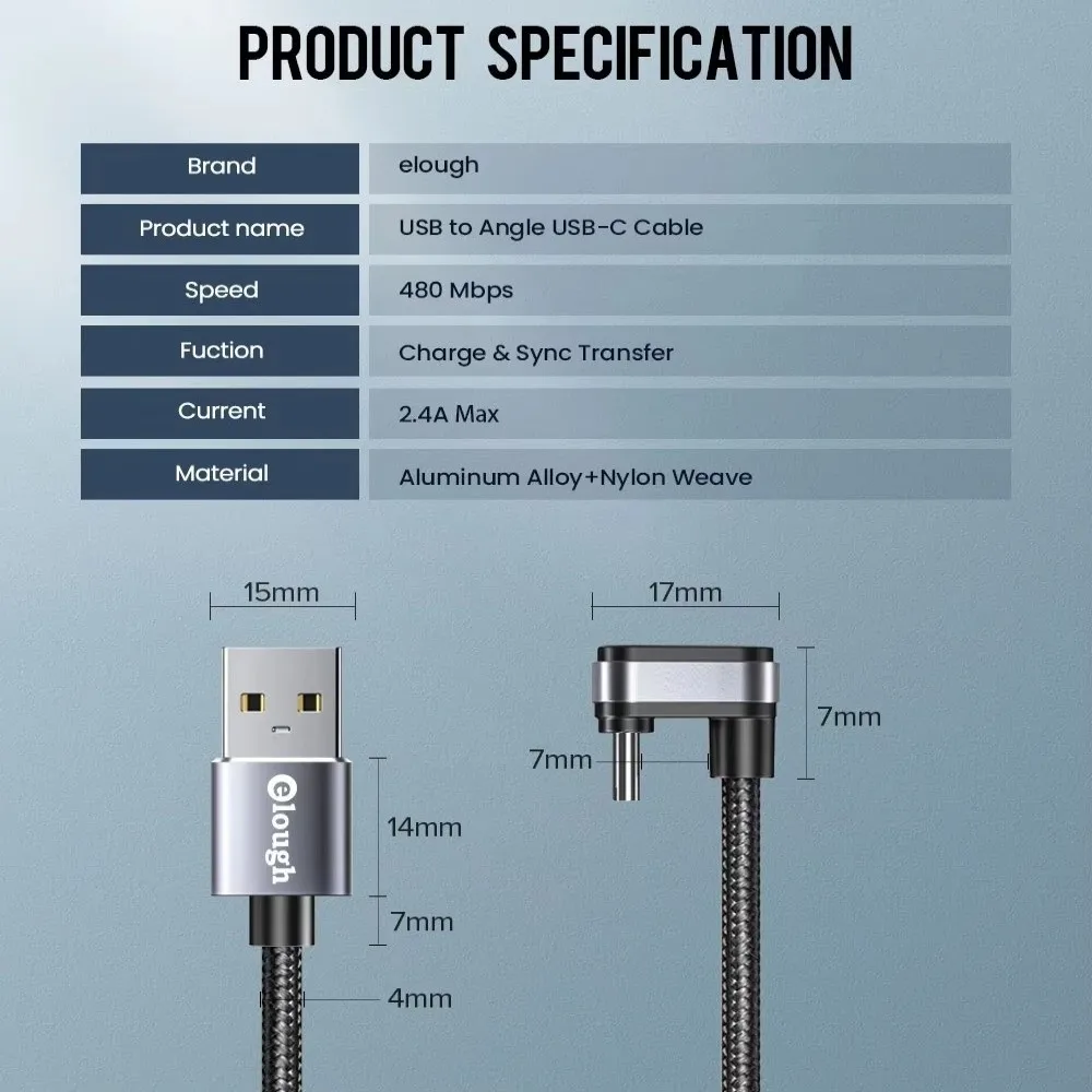 2.4A Fast Charging USB Type C Cable 90 Degree Elbow Fast Phone Charging Data Cord 180 Degree Angle Games Charge Wire for Redmi 6