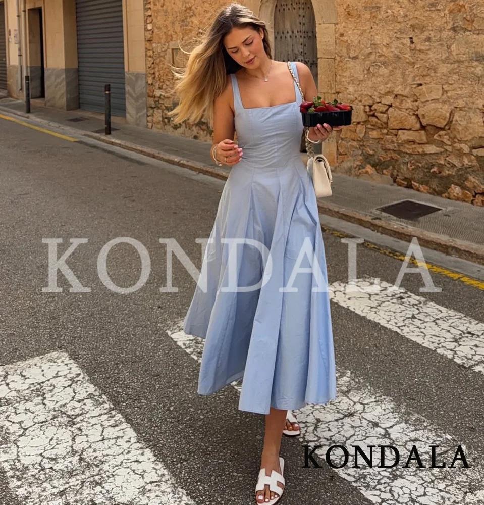 KONDALA Elegant Sweet Light Blue Dress Women 2026 Summer Trends Holiday Romantic Long Dress Wave Hem Square Neck Suspender Dress
