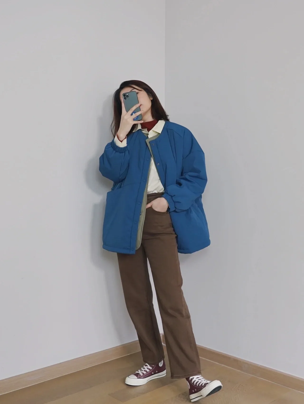 Autumn Winter Thick Loose-Fitting Blue Cotton-Padded Coat