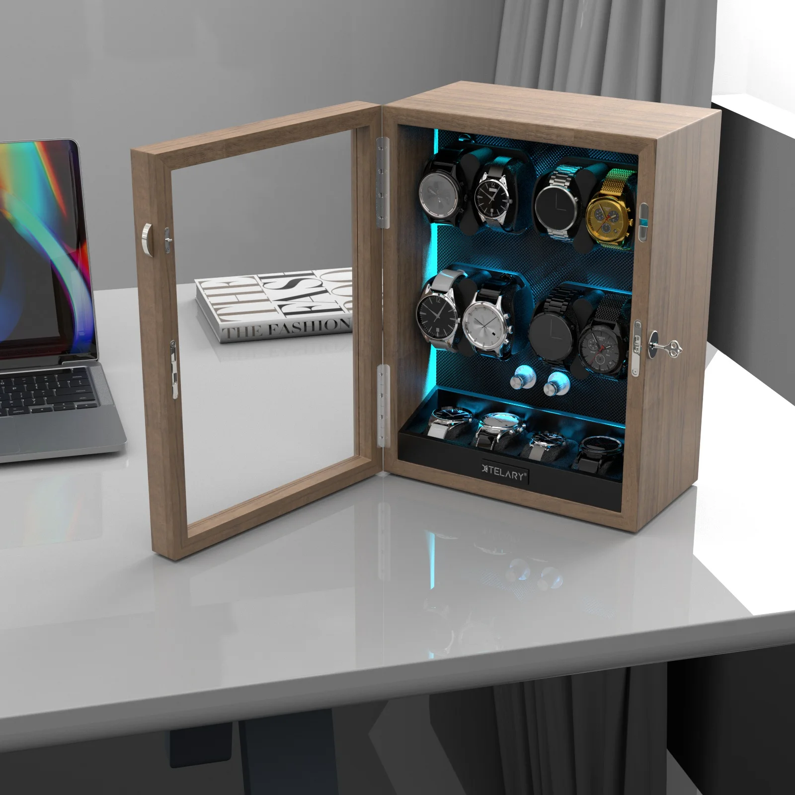 Luxury 8-Watch Automatic Winder with 4 Extra Storage, Aurora Blue LED, Quiet Japanese M... - SKU WSB23568 - UGI Packaging