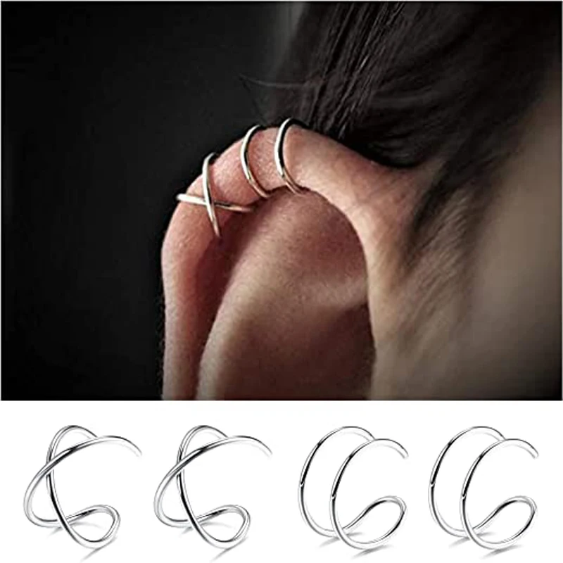 

4 Pcs Stainless Steel Ear Cuff Criss Cross Double Lines Ear Cuffs Non Piercing Minimalist fake Helix Earcuff Cartilage Earring