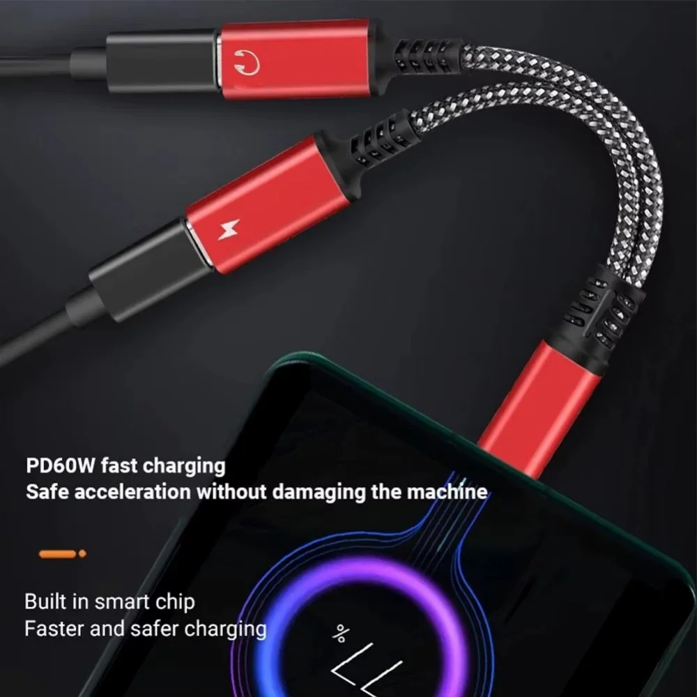60W PD Fast Charging Cable 2 IN 1 OTG  USB C Splitter Type USB C Headphones Jack Audio Adapter For Samsung S24 Ultra iPhone 15