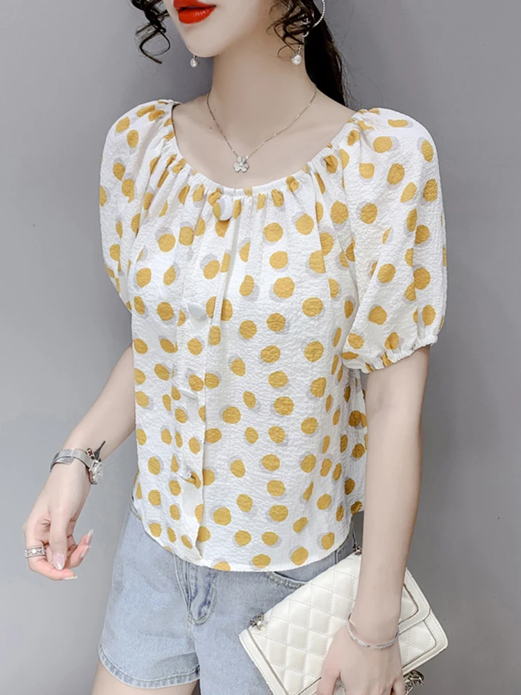 Small Polka Dot Women Shirt Summer Buttons Up 3/4 Sleeve Loose Ladies Top  Pullover Bouse Korean Fashion Blusas Mujer 2022 - AliExpress
