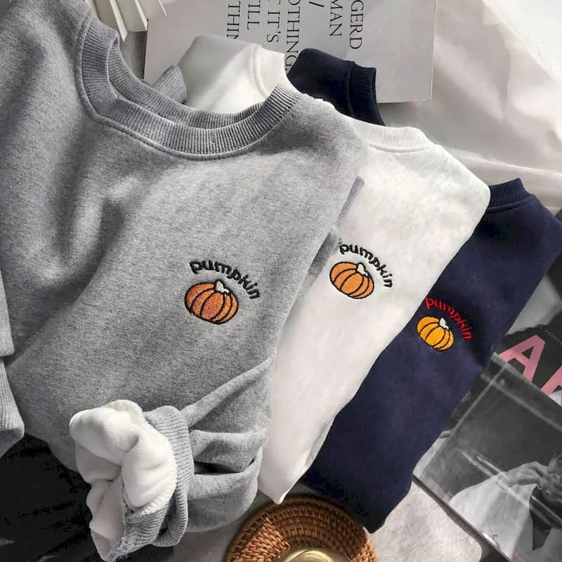 Sweatshirt Spring autumn Korean preppy small pumpkin embroidery O-neck shirt men women velvet thickening outer loose tops