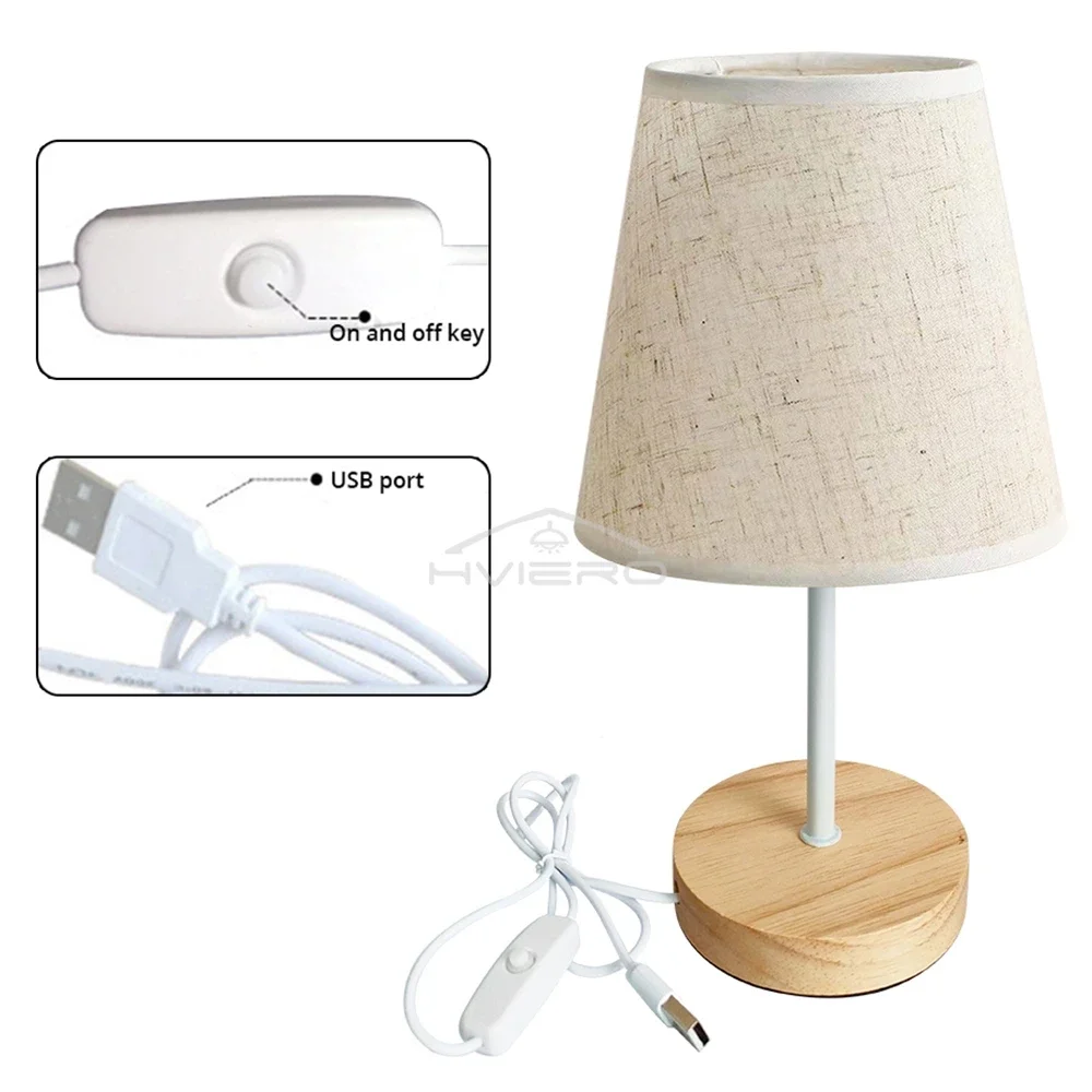 Wooden USB Table Lamp - Modern Bedside Nightstand Light with Cylinder Shade