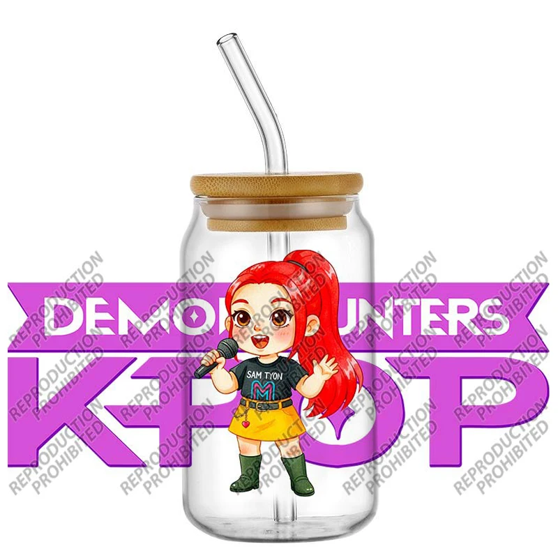 Calcomanías 3D UV DTF para vasos de 16 oz, diseño de dibujos animados de K-POP, estilo Hunter, fáciles de despegar, impermeables, para bricolaje.