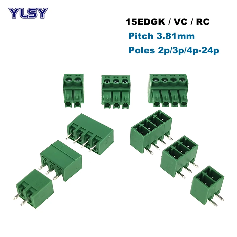 

100/50Pcs Pitch 3.81mm Screw Plug-in PCB Terminal Block 2/3/4/5/6/7/8P 15EDGK Pluggable Connector Vertical Pin Male/Female