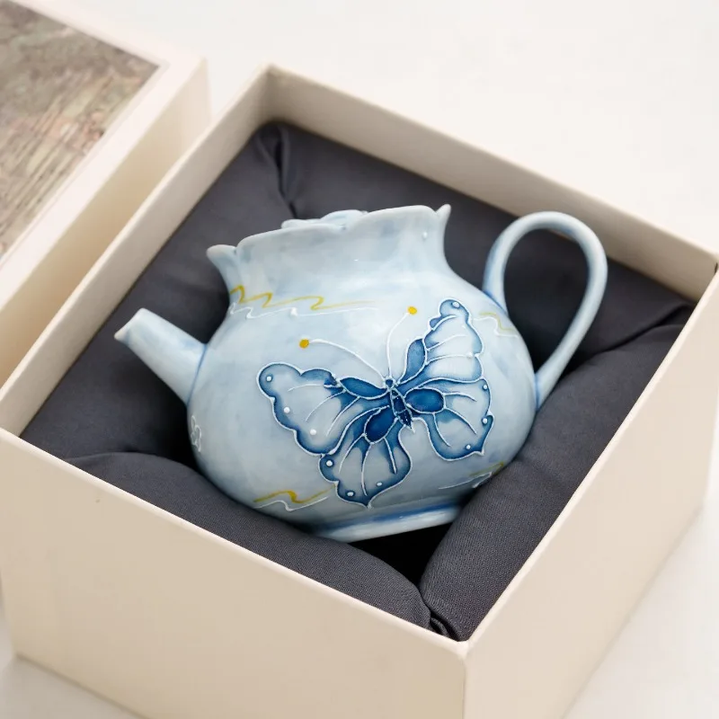 Hand Painted Butterfly Teapot Ceramic Gongfu Tea Set with Infuser Single Serve Traditional Chinese Teaware Gift for Tea Lover