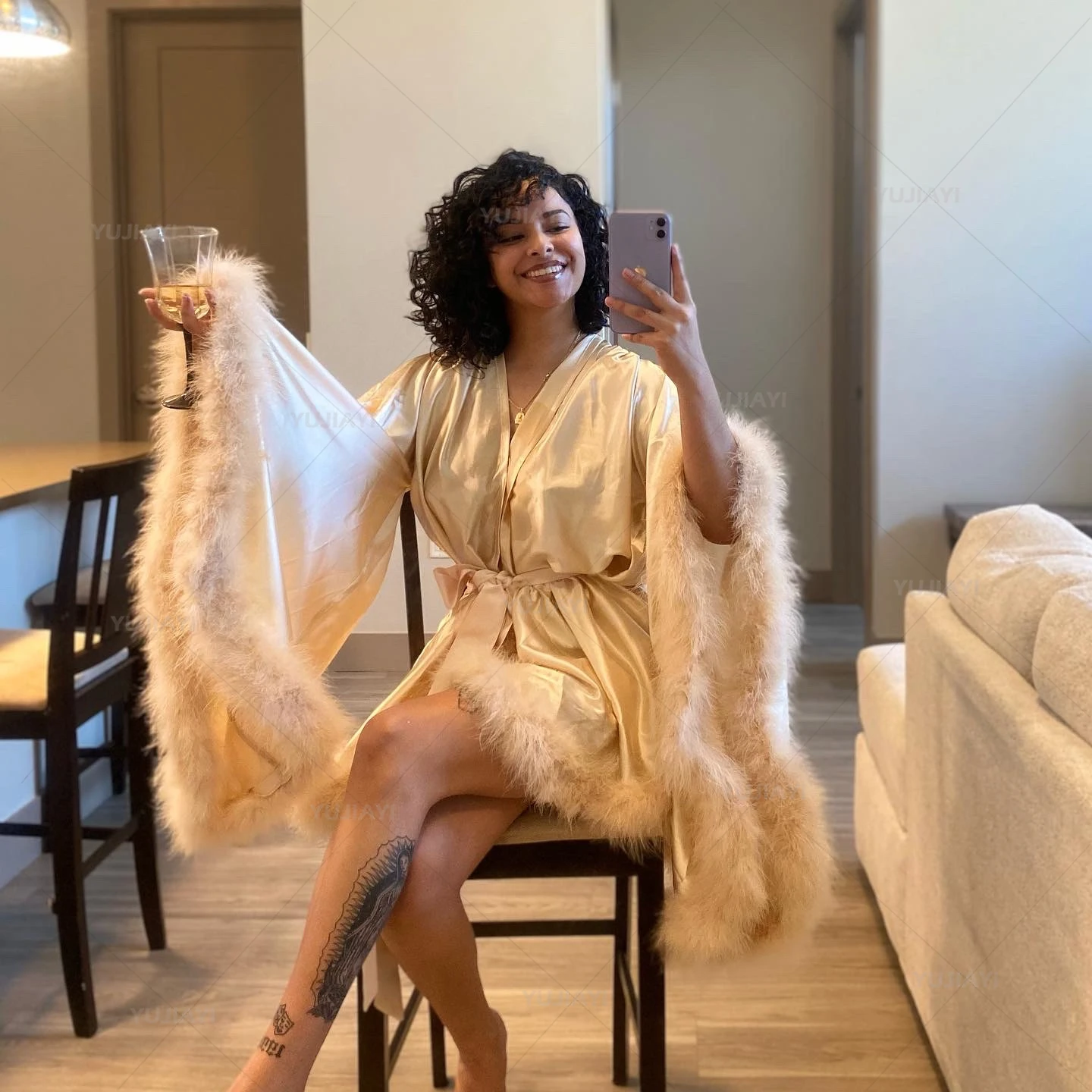 Maternity Robe Lingerie Flare Sleeves Silk Satin Bathrobe Short Sexy Feather Wedding Women Nightgown Gown Sleepwear Dress