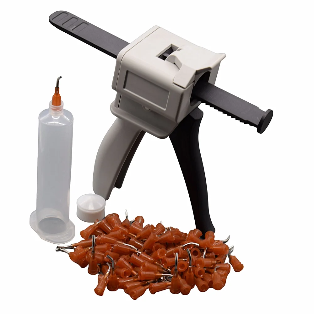 

100pcs 15G Bent Dispensing Needle Tips and 30cc Glue Dispenser Syringe Barrel with 30ml Manual Glue Gun UV Adhesive Caulking Gun