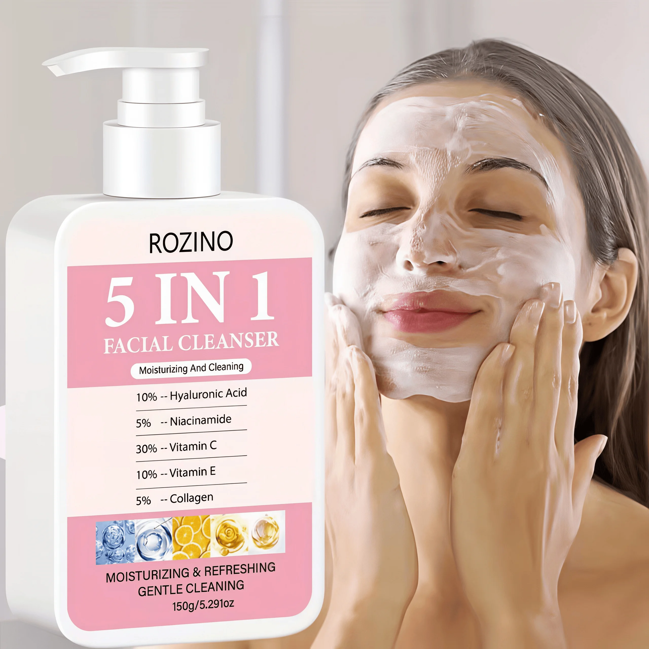 Hydrating and Brightening 5-in-1 Facial Cleanser with Hyaluronic Acid, Niacinamide, Vitamin C, Vitamin E, and Collagen - Deep Cleansing and Moisturizing Formula for Radiant Skin