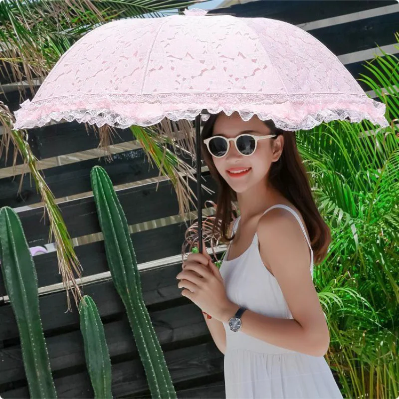 Double Layer Woman Lace Sun Parasol 3 Fold Outdoor Windproof Sunscreen Rain Umbrella Anti UV Lady Girl Princess Sunshades Gift