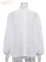 Clacive Fashion White Cotton Woman Blouse 2024 Elegant Stand Collar Puff Sleeve Shirts Casaul Classic Blusa Tops Female Clothing - Image 3