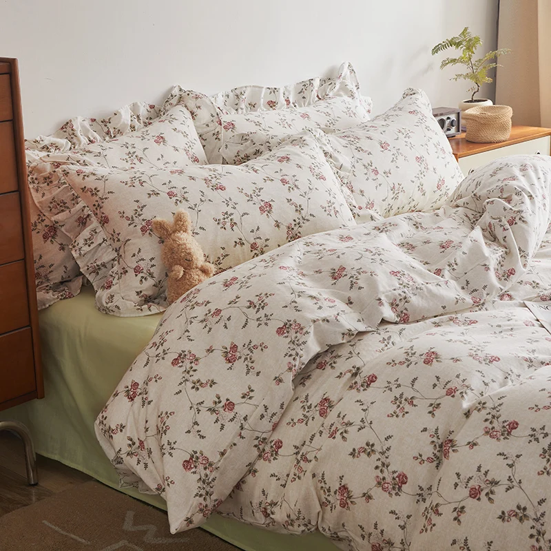 

Floral Bedding Set with Ruffles, 100% Cotton, Vintage, Countryside, Single, Double, Queen, Duvet Cover, Pillowcases Bed Sheet