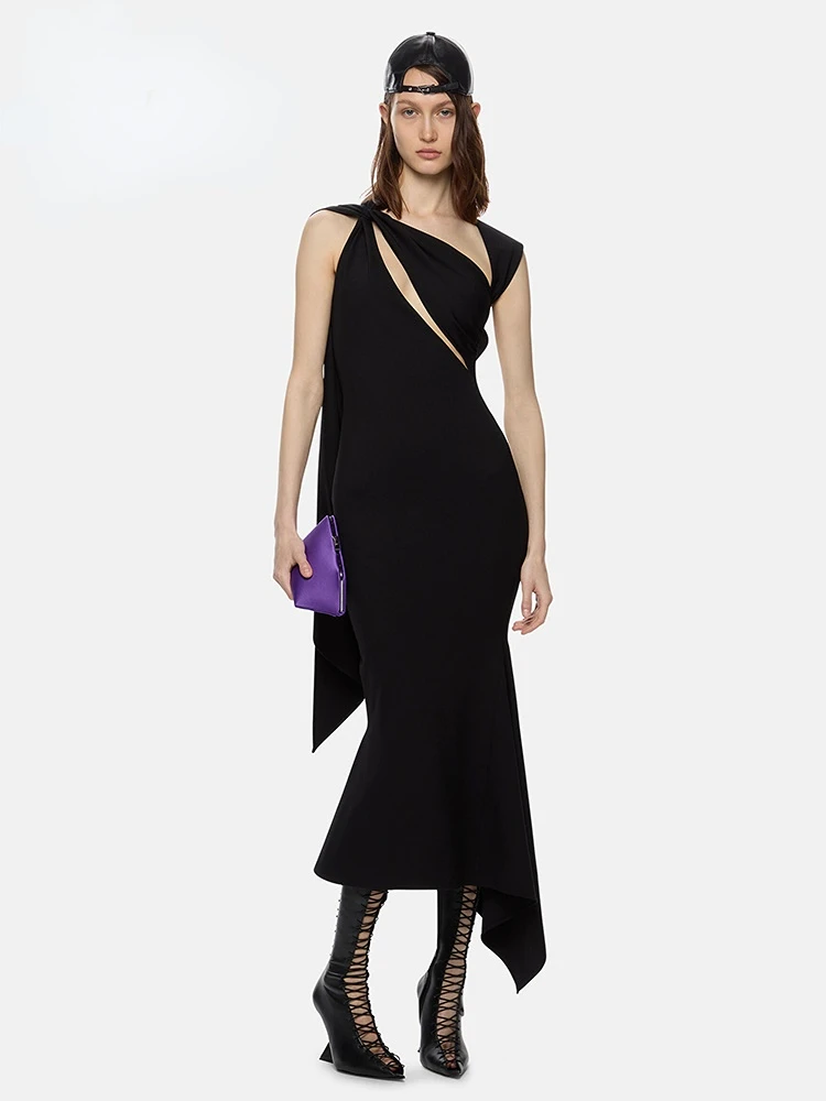 

Black Long Dress Women Fashion Party Wear Diagonal Collar Key Hole Design Sexy Backless Dress Summer 2023