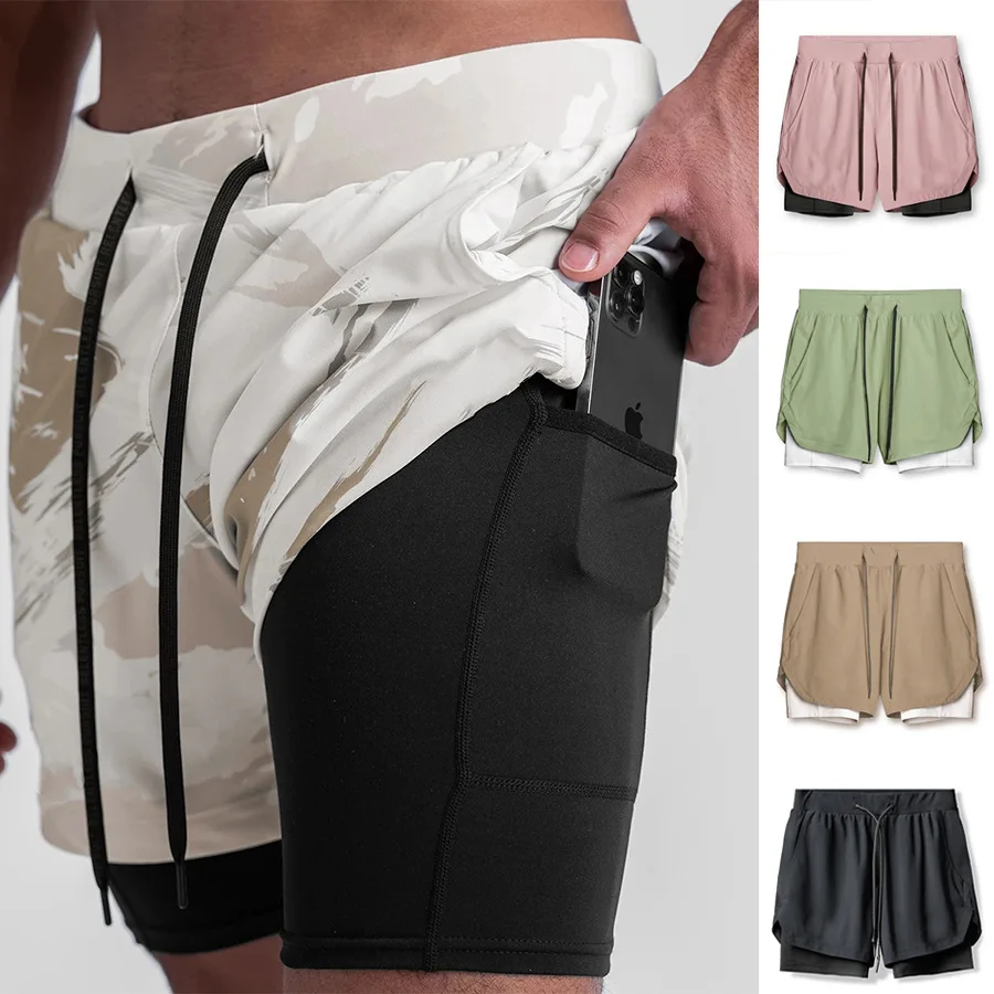 

2023 New Gyms Fitness Bodybuilding Workout Quick Dry Beach 2 In 1 Shorts Male Running Shorts Breathable Double Layersport Short