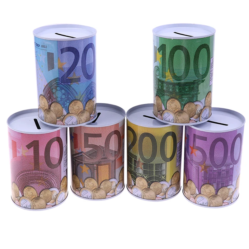 1Pc Creative Euro Dollar Metal Cylinder Bank Saving Money Box Home Decoration For Coins Deposit Storage Boxes Home Decoration 3