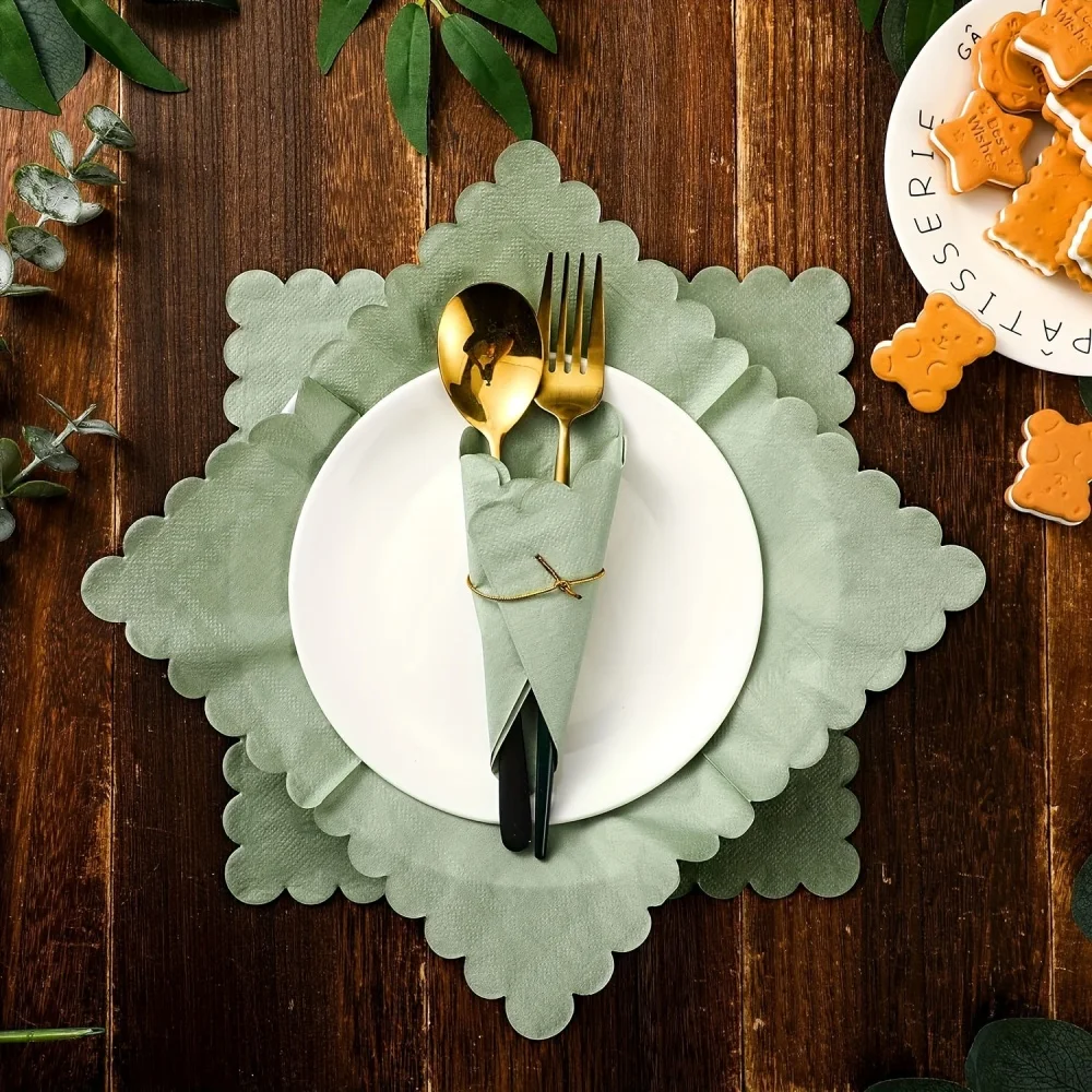 Description Picture 2 of item25/50/100pc Scalloped Sage Cocktail Napkins Disposable Paper Tissue Party Napkins Beverage Towels for Wedding Birthday Christmas