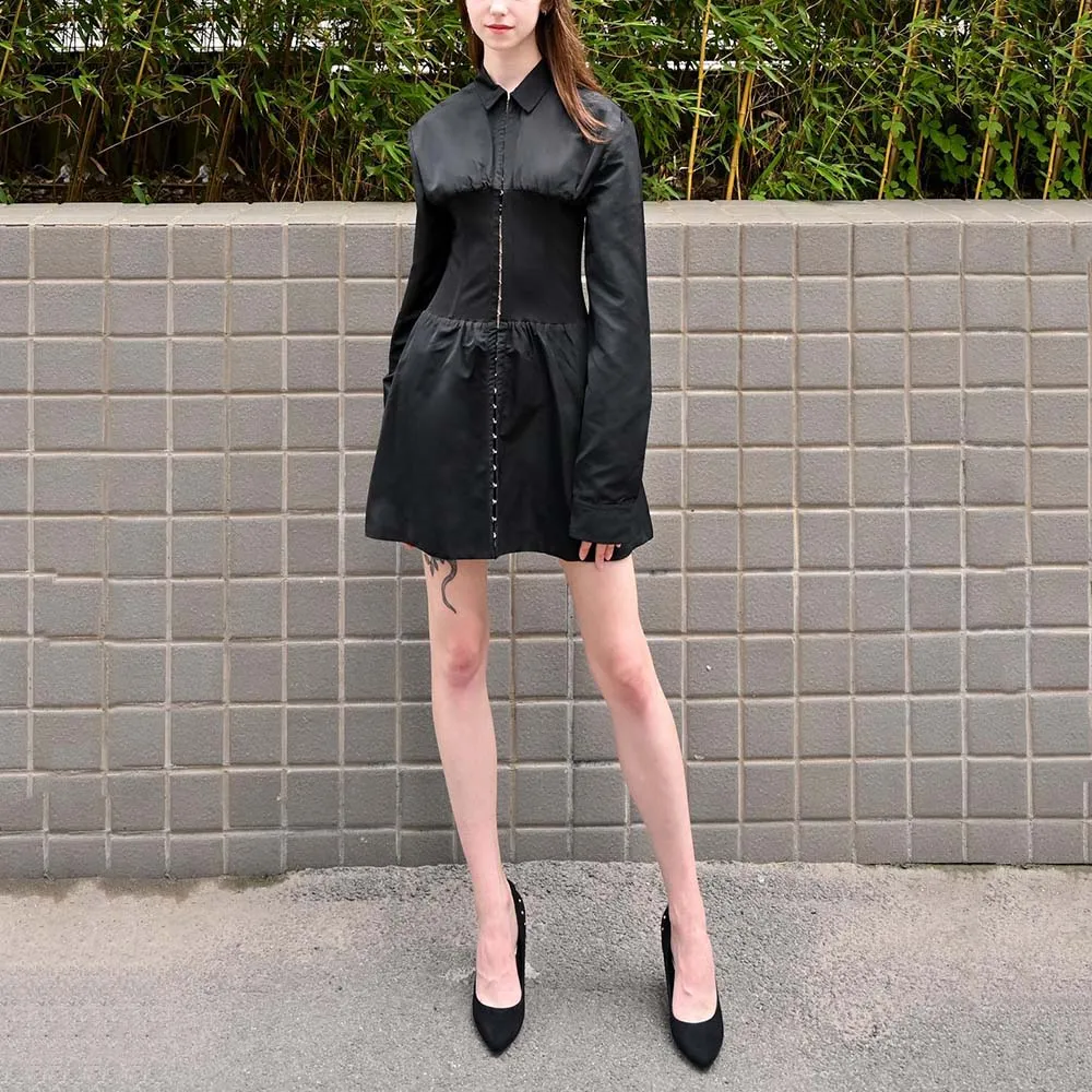 

2024 Spring Women's Dress Y2k Fashion Splicing Waist Slim Temperament Peplum Single Row Hook Button Lapel Long Sleeve Dress