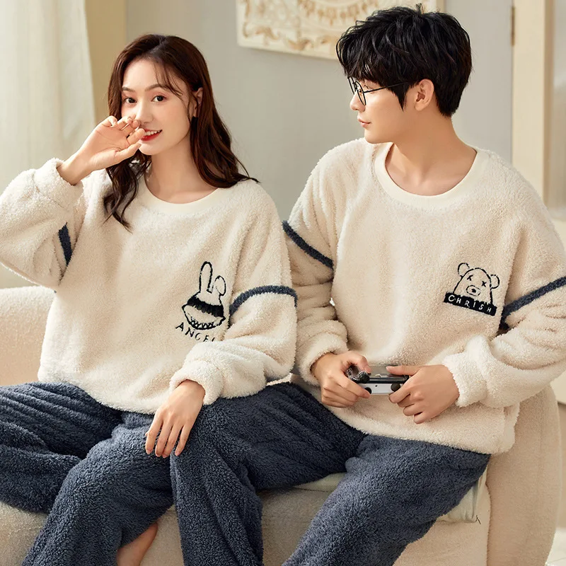 Lovers Warm Coral Fleece Autumn Winter Pajamas Long-Sleeved O Neck Home Suit Casual Fleece Thick Cartoon Pajama Sets Women Men winter pajamas flannel clothes female cute cartoon thick warm coral fleece long sleeved trousers two piece home service suit