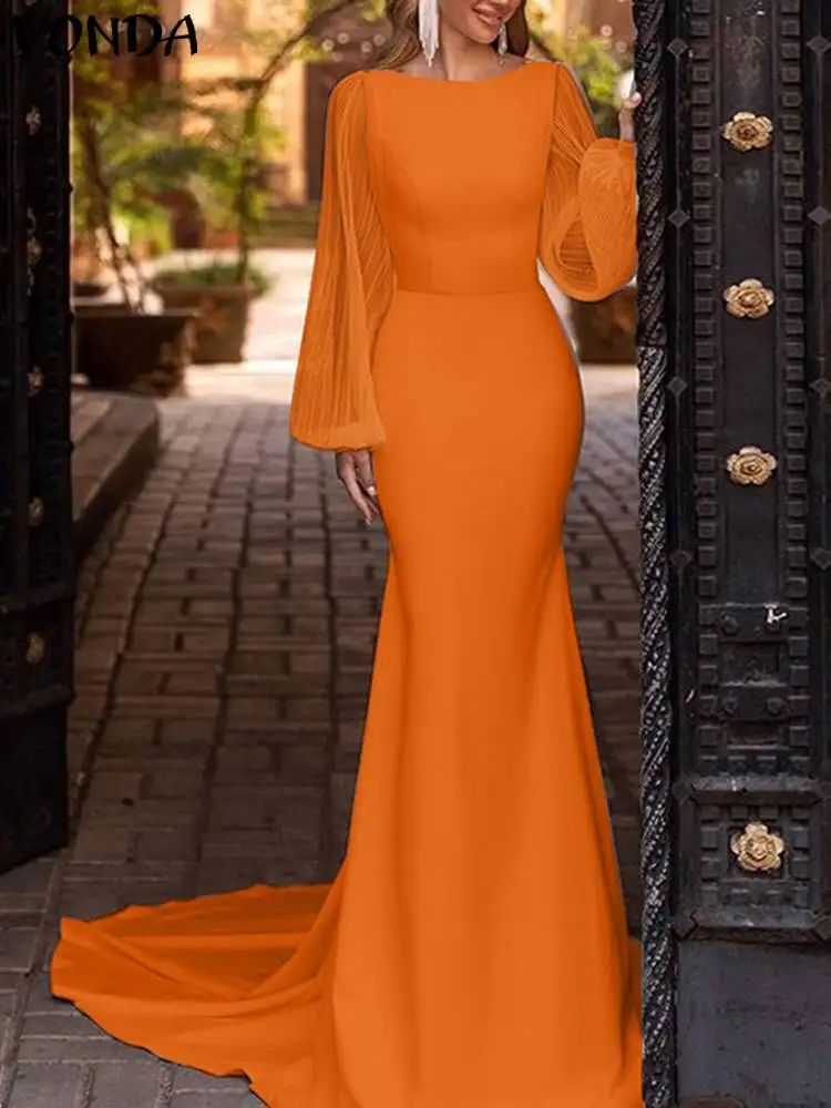 

VONDA Elegant Party Sundress 2023 Women Long Lantern Sleeve Lace Patchwork Satin Maxi Dress Solid Wedding Ruffled Robe Femme
