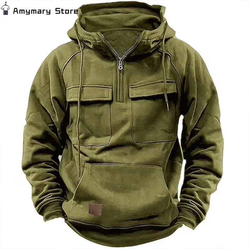 2024 New Autumn Winter Men's Hooded Sweatshirt Solid Color Thickened Warm Casual Loose Pullover Outdoor Pocket Hooded Sweatshirt