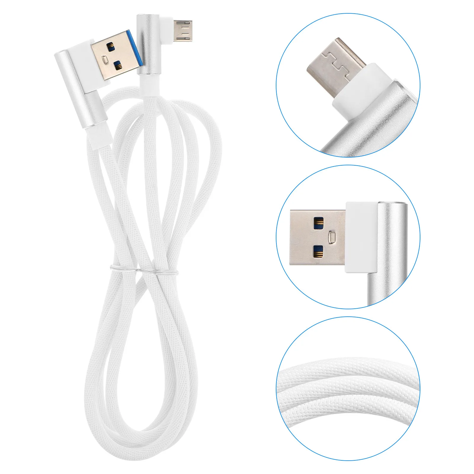 1M 직각 마이크로 USB 케이블, 브레이드 나일론 엉킴 방지, 고강도 고속 충전 및 데이터 동기화 케이블 (휴대폰용, 흰색)