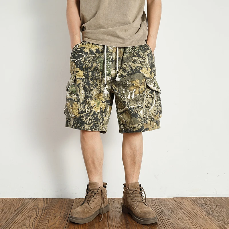 Vintage de spot camouflage cargo shorts men's loose straight leg summer new multi-pocket quarter pants casual pants trend 6