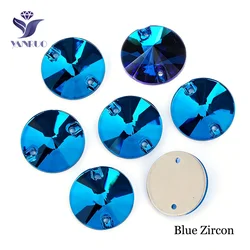 Premium Round Sew-On Rhinestones - Flat Back Glass Stones - 16mm 16Pcs (Blue Zircon)