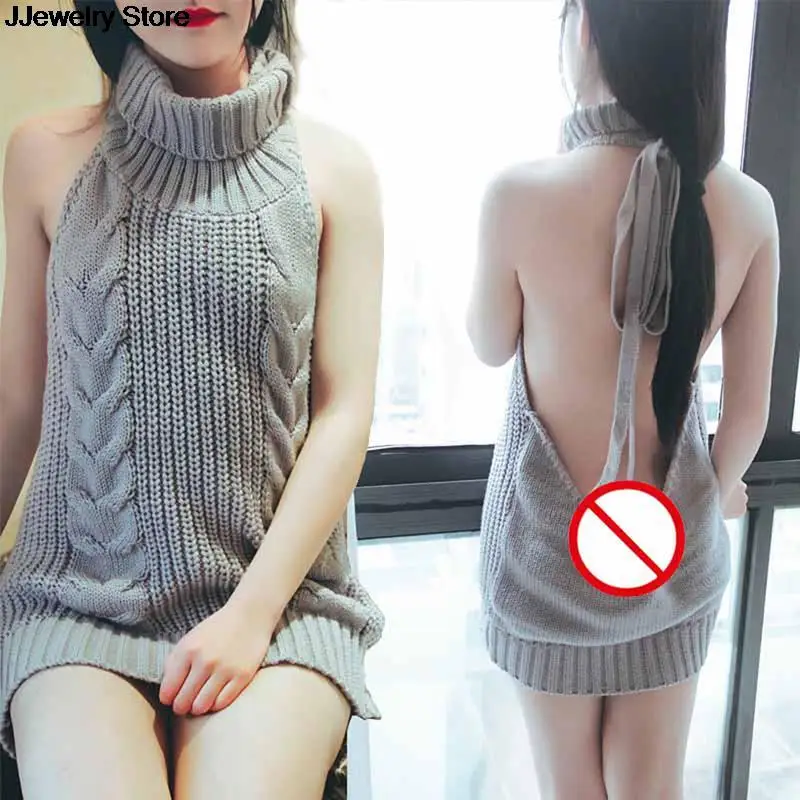 

HOT! Turtleneck Sleeveless Long Virgin Killer Sweater Japanes Knitted Sexy Backless Women Sweaters And Pullovers