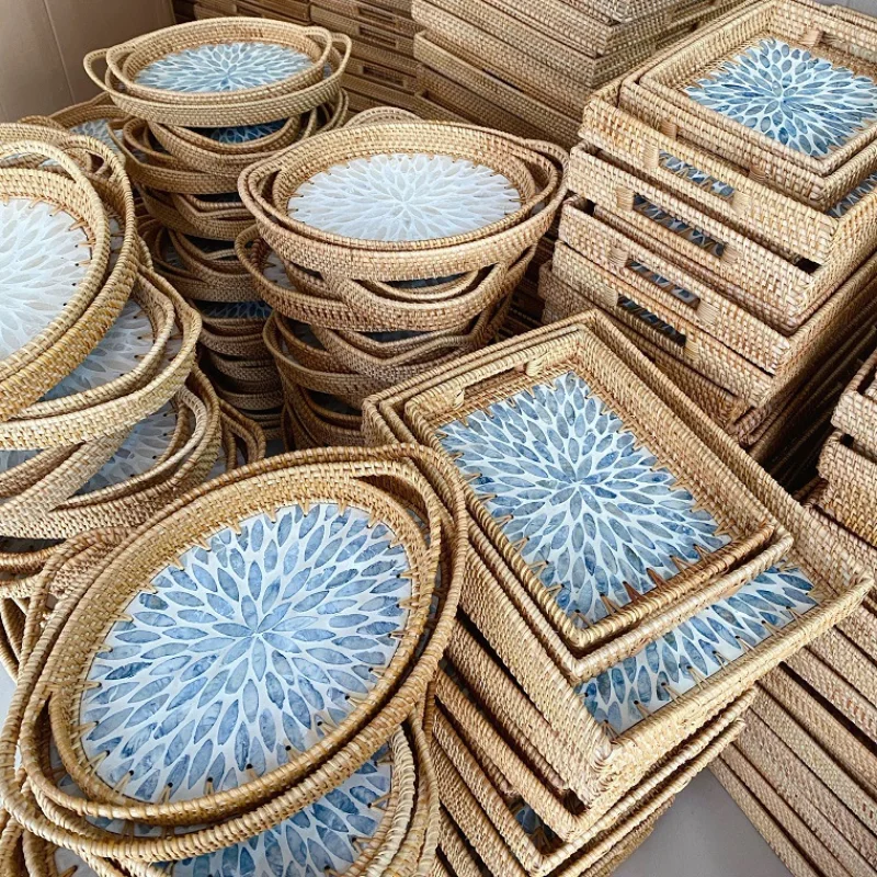 Colorful Shell Rattan Tray Creative Fruit Bread Tray Tea Set Shelf Home Decoration Room Storage Box Desktop Decoration