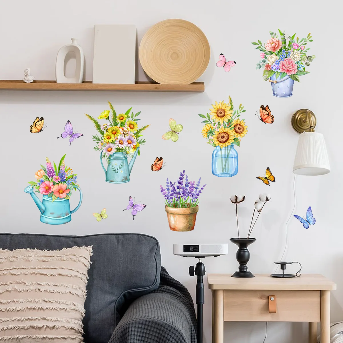 30*60cm Plants Flowers Potted Butterfly Wall Stickers Background Wall Living Room Bedroom  Restaurant Decorative Wall Stickers