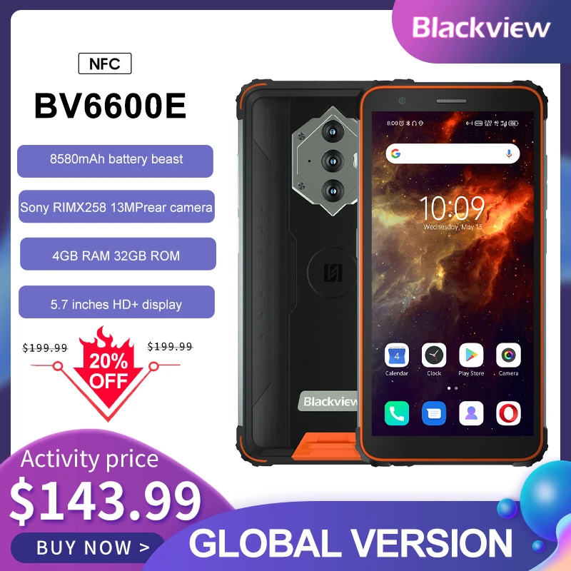 Blackview BV6600E IP68 Waterproof 8580mAh Rugged Smartphone Octa Core 4GB+64GB 5.7" Mobile Phone 16MP Camera NFC Android 10 good cell phone for gaming