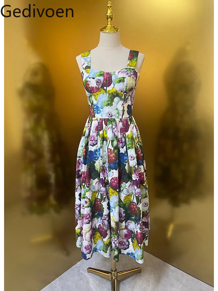 

Gedivoen Summer Fashion Runway New Designer Women Vintage Floral Print Dresses Spaghetti Strap Elastic Waist Medium Length Dress