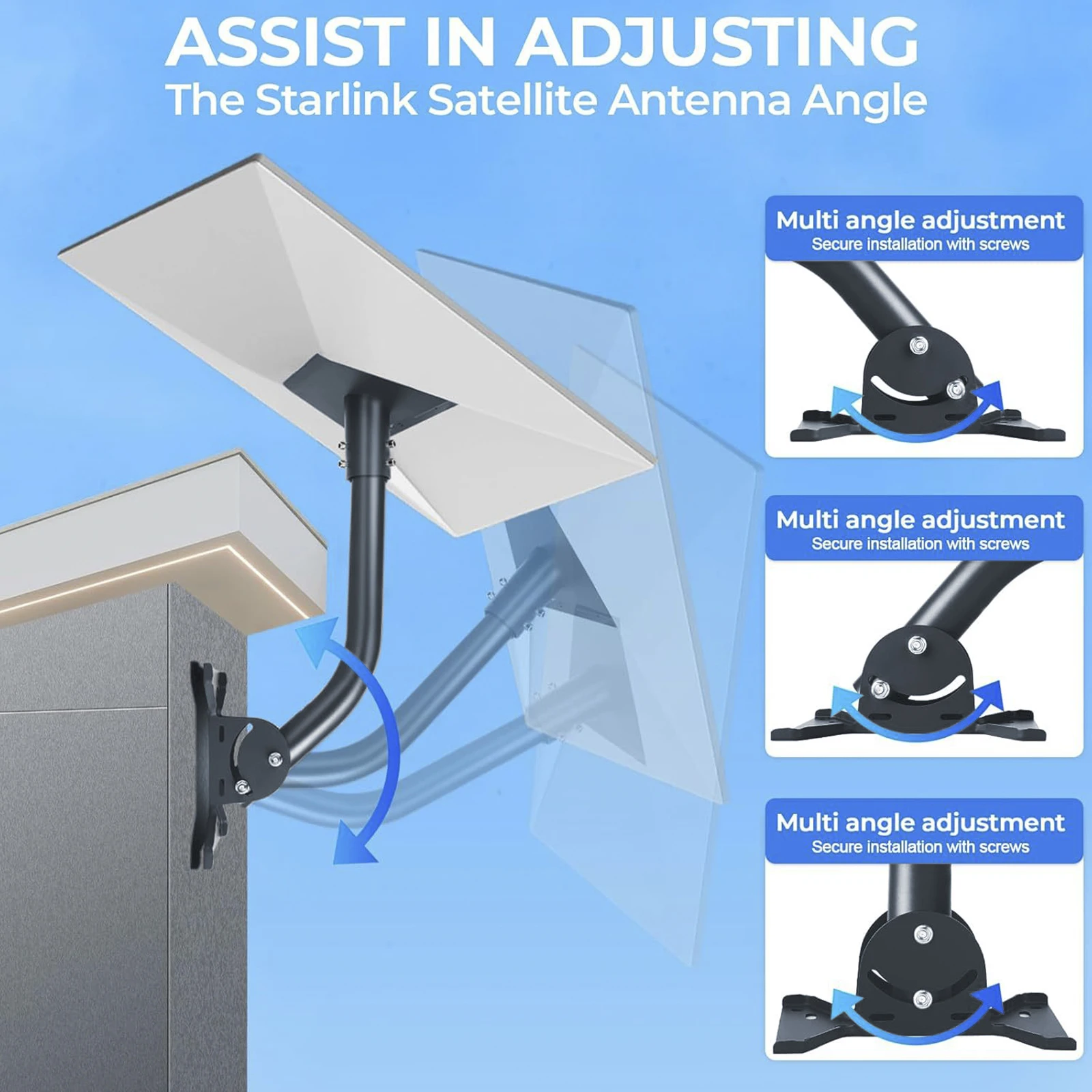 ชุดติดตั้ง Gen 3 สำหรับ Starlink, 360 °   ขายึดเสาอากาศติดผนัง/หลังคาแบบปรับได้สำหรับจานดาวเทียม Starlink รุ่นมาตรฐาน V3 1