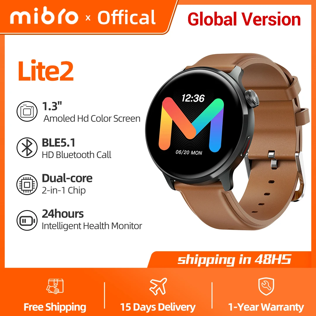 Mibro Lite2 Smartwatch Global Wersja HD Bluetooth Połączenie 1.3Inch AMOLED Ekran AOD 2ATM Wodoodporny Sport Mężczyźni Smart Watch Kobiety