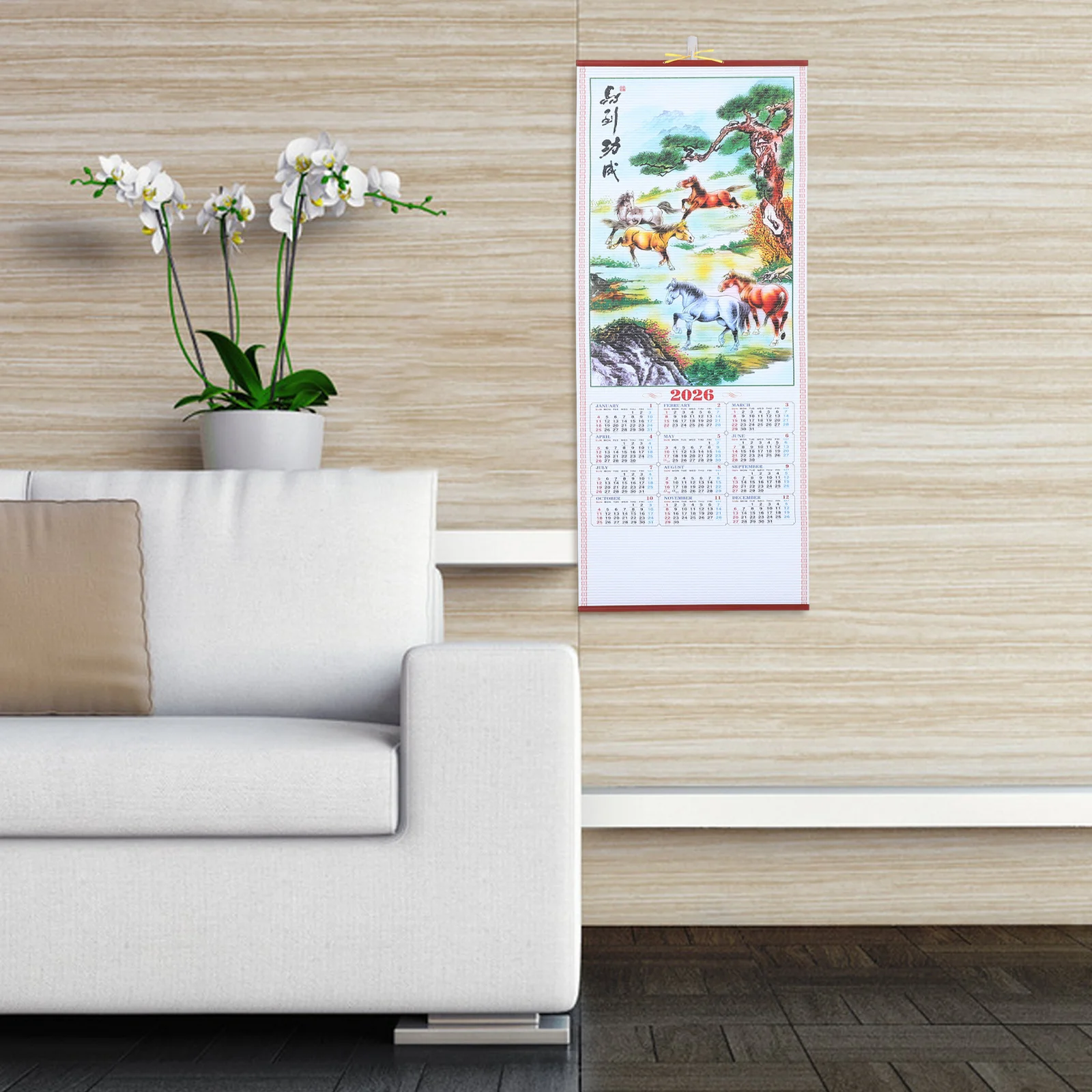 2026 Horse Year Calendar Faux Rattan Hanging Scroll Traditional Chinese Lunar Wall Calendar for Office Living Room Decoration