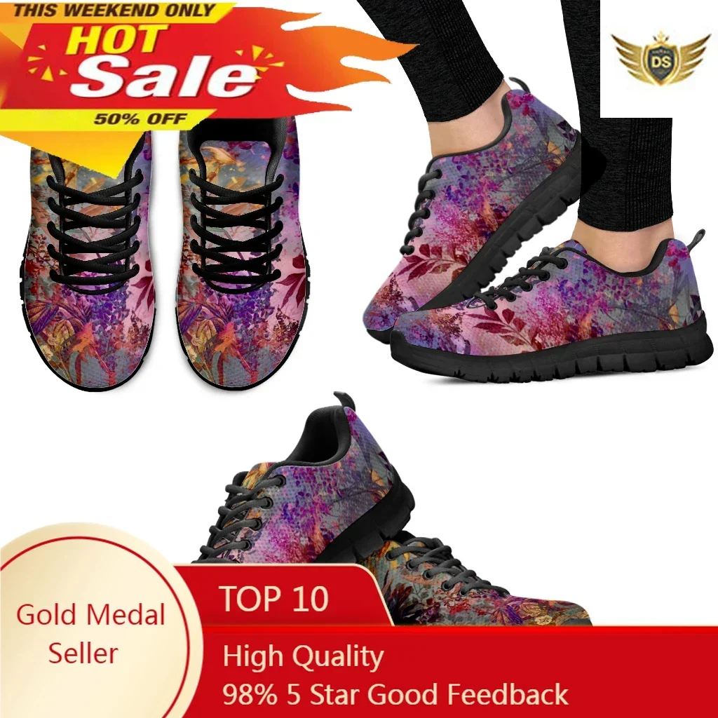 Pretty Dark Tropical Flower Print Ladies Sport Sneakers Breathable Lace Up Flat Shoes For Women Comfort Zapatillas