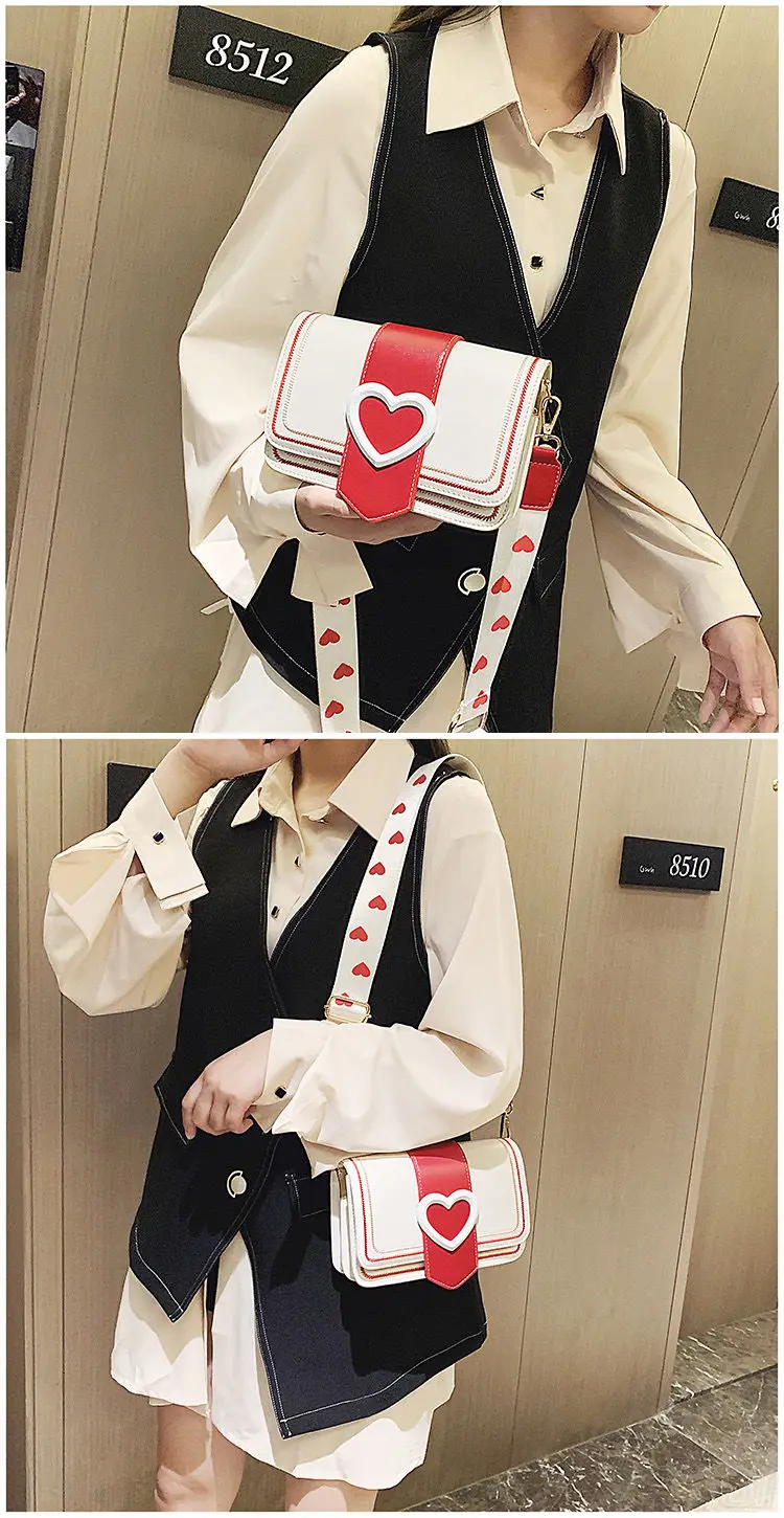 Xiuya Sweet Cute Small Shoulder Bag Female Valentines Day Trendy Korea Heart Messenger Bag Fashion Broadband Square Purse Wallet