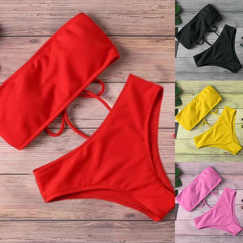 Women Swimsuit Bikini High Waist Strapless Sexy Padded Bathing Suit Monokin Pure Color