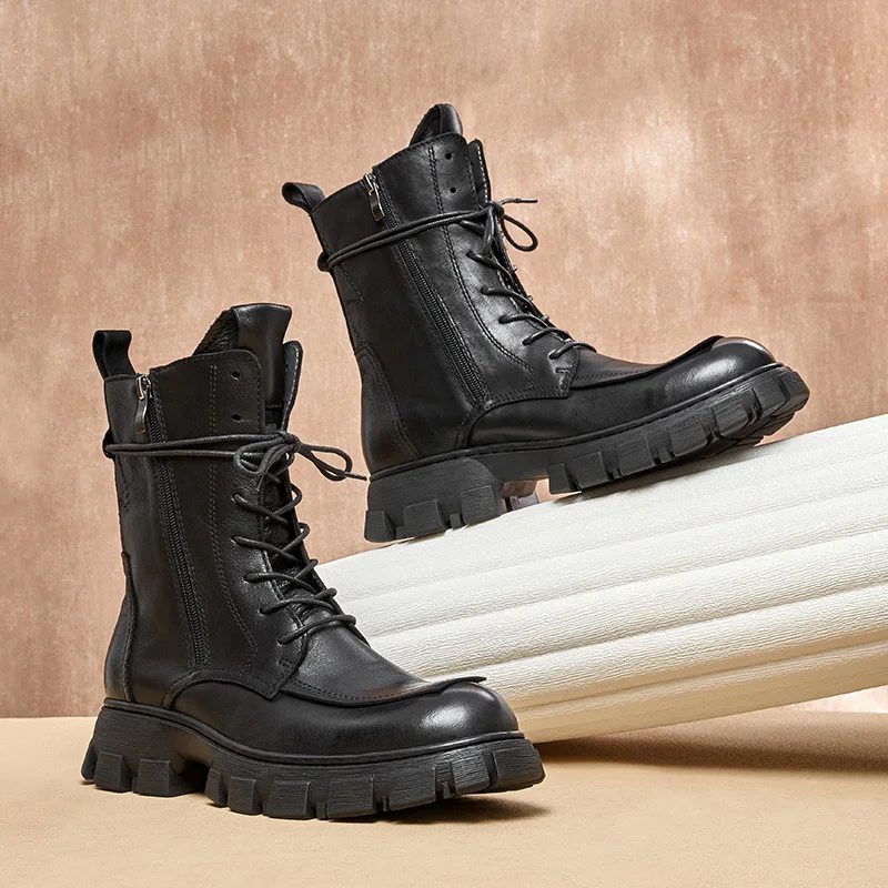Motorcycle Boots Male Ankle Boots Mens High Quality Genuine Leather Boots Men All-match Cowhide Retro Men Shoes Autumn Winter