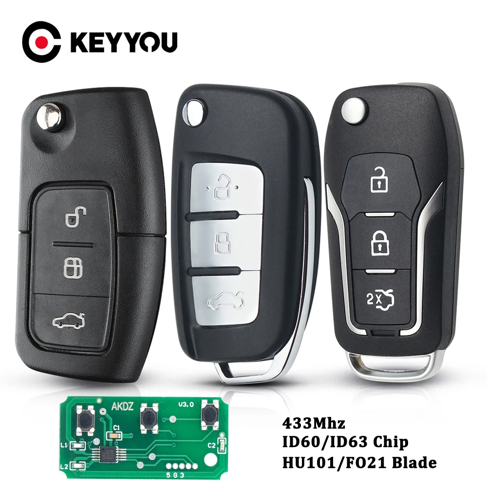 KEYYOU 3 ปุ่ม 433Mhz ID60/63 ชิปรถรีโมทกุญแจสําหรับFord Fusion Focus Mondeo Fiesta Galaxy HU101/FO21 ใบมีดรถFlip Key
