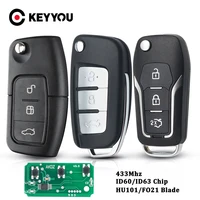 KEYYOU 3 ปุ่ม 433Mhz ID60/63 ชิปรถรีโมทกุญแจสําหรับFord Fusion Focus Mondeo Fiesta Galaxy HU101/FO21 ใบมีดรถFlip Key
