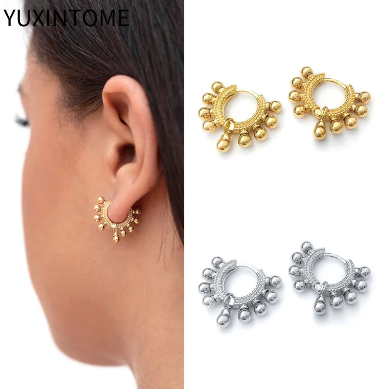 

925 Sterling Silver Ear Needle Punk Simple Hoop Earrings For Women Small Round Beads Pendant Earrings Fashion Jewelry Gifts