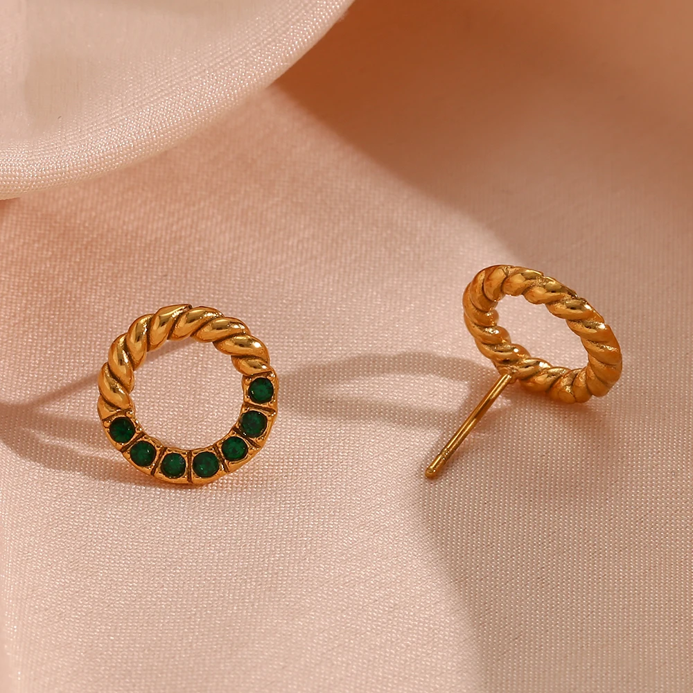 Small Cute Dainty Lucky Circle Green Clear Pearl Rhinestone Stud Earrings  For Girl Stainless Steel Gold Plated Zircon Earring