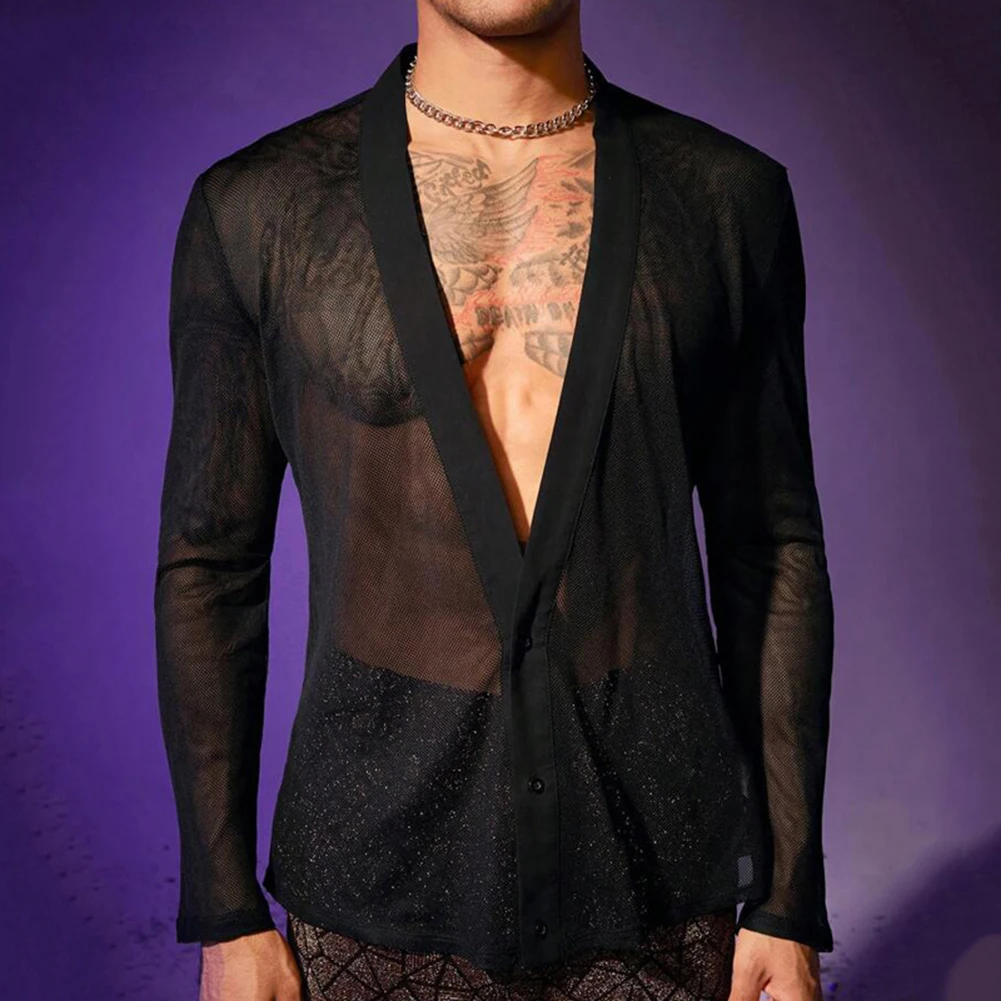 

Stylish Daily Holiday Shirt Tops Long Sleeve Mens Party Nightclub Regular See Through Slight Stretch Solid Color