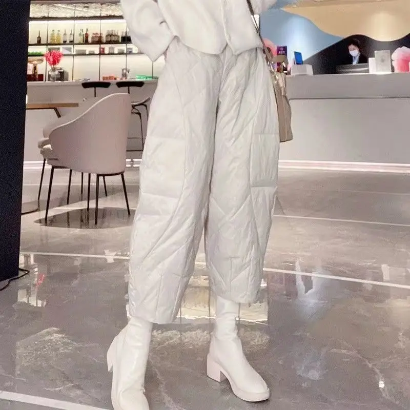 Women Winter Vintage Fashion Warm Down Cotton Quilted Wide Leg Pants Female High Waist Pocket Cropped Trousers Casual Pantalones