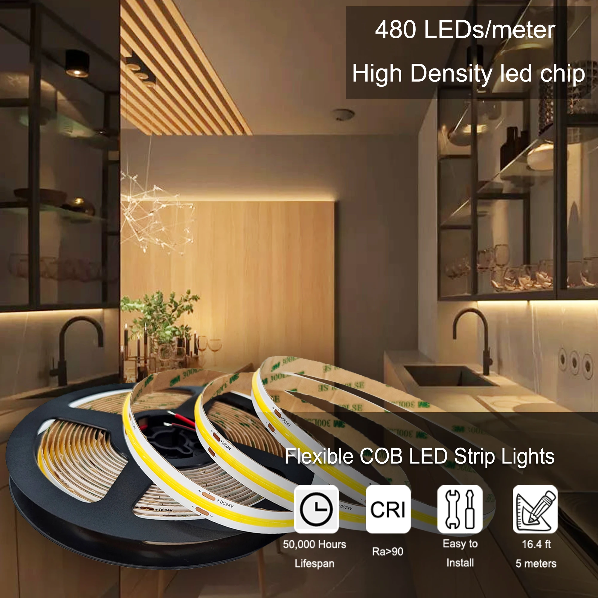 Striscia LED COB 5 Metri Impermeabile - 24V, Tagliabile, 480LED/M, Luce Verde - Foto 13