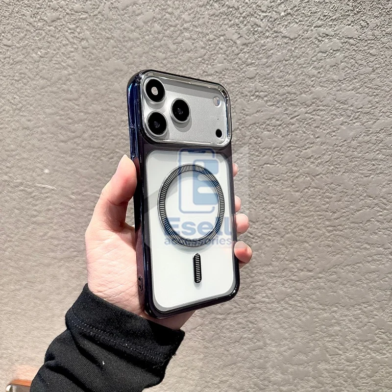 Luxury Metal Armor Magnetic Wireless Charger Case with Clear Hard Bumper Cover